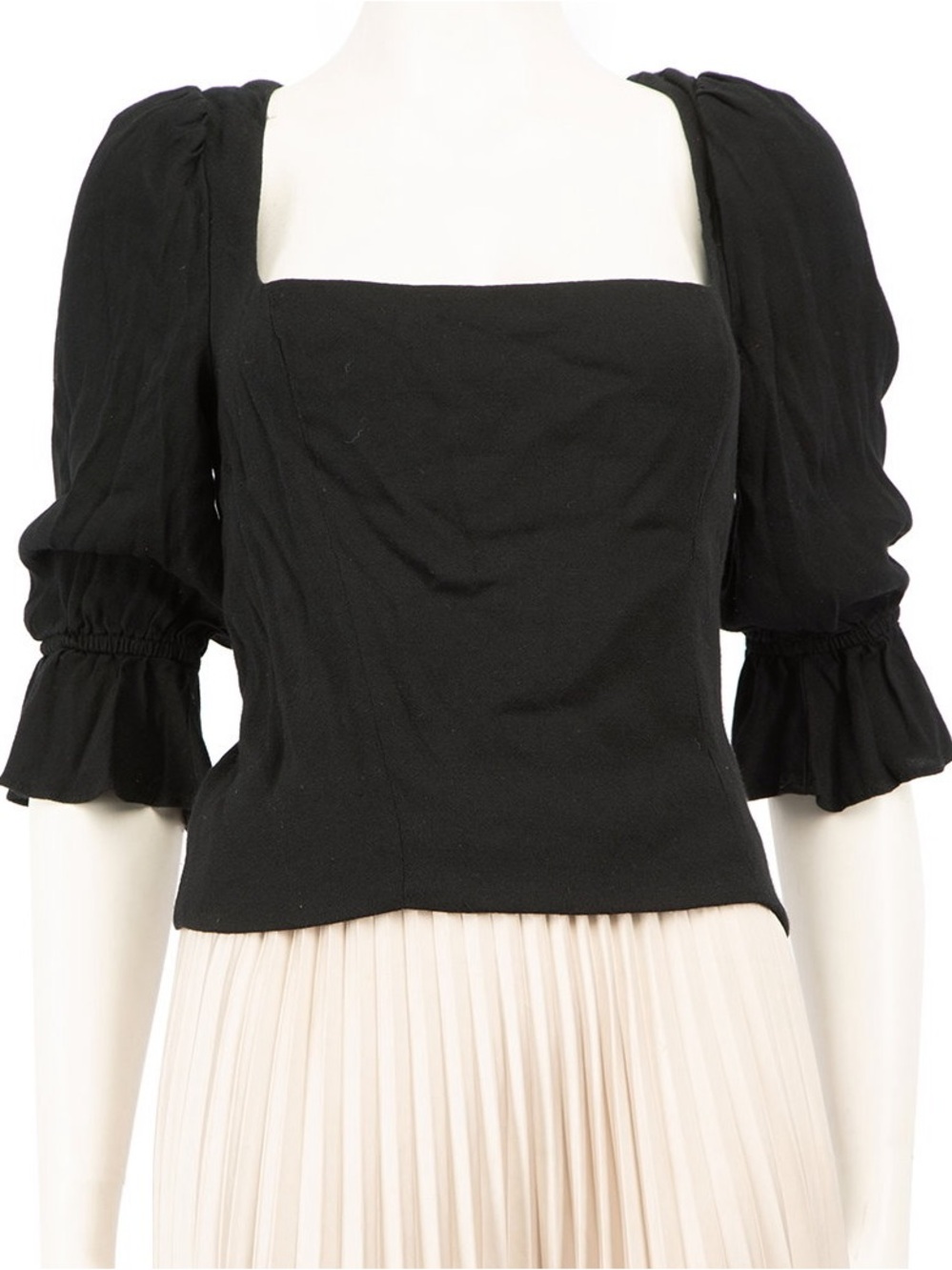 Reformation Black Square Neck Puff Half Sleeve Blouse Top size 6 8 Corset Style